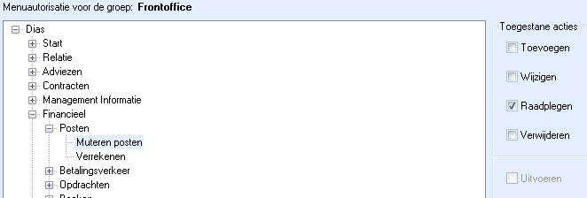 Venster autorisatie muteren posten Frontoffice