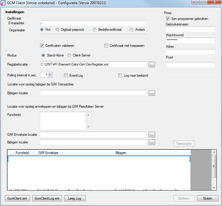 Vensterdeel GIM instellingen GIM Client Configuratie