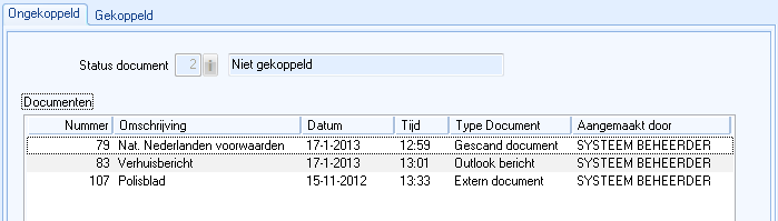 Venster Selecteren documenten, tabblad Ongekoppeld