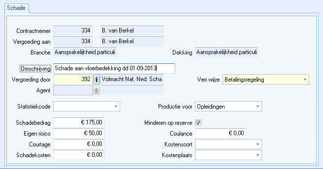 Venster schadeboeking borderelregel