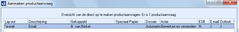 Productvervaardiging, lijst aangemaakt product met e-mail
