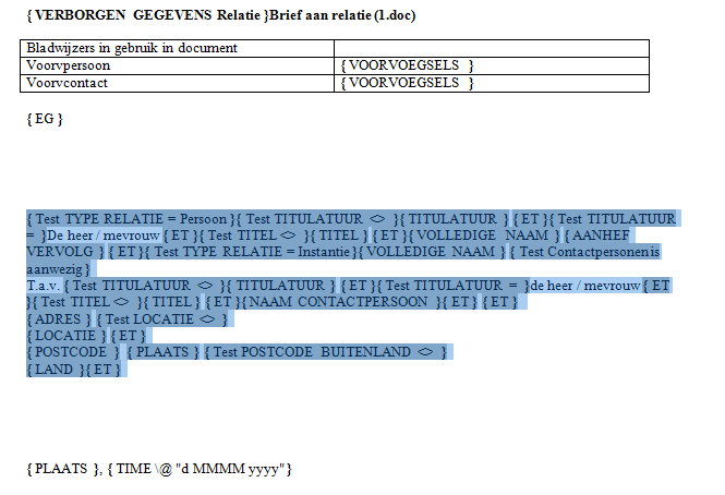 Tekst lay-out adressering selecteren