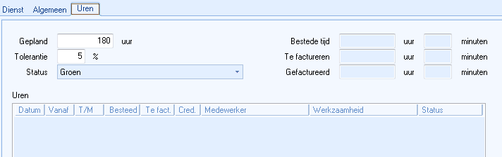 Venster Muteren dienst, tabblad Uren, vensterdeel inrichting