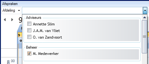 Widget Afspraken, medewerkers per afdeling