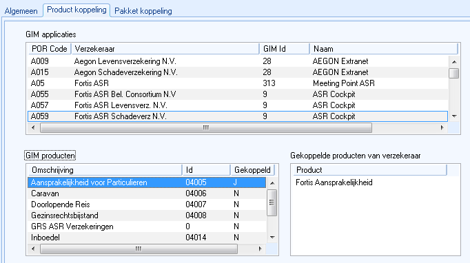Venster GIM Instellingen, tabblad Productkoppelingen