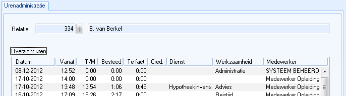 Venster Urenadministratie per relatie