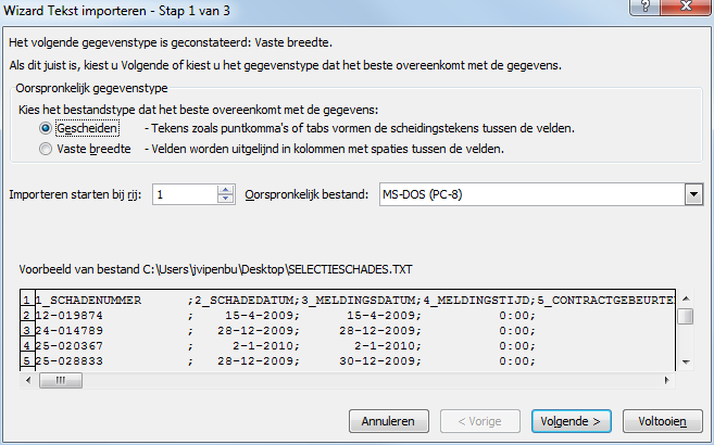 Venster Wizard Tekst importeren - Stap 1 van 3