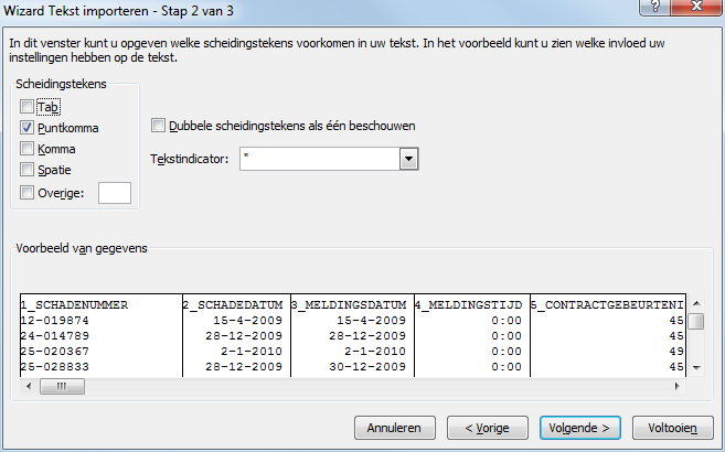 Venster Wizard Tekst importeren - Stap 2 van 3