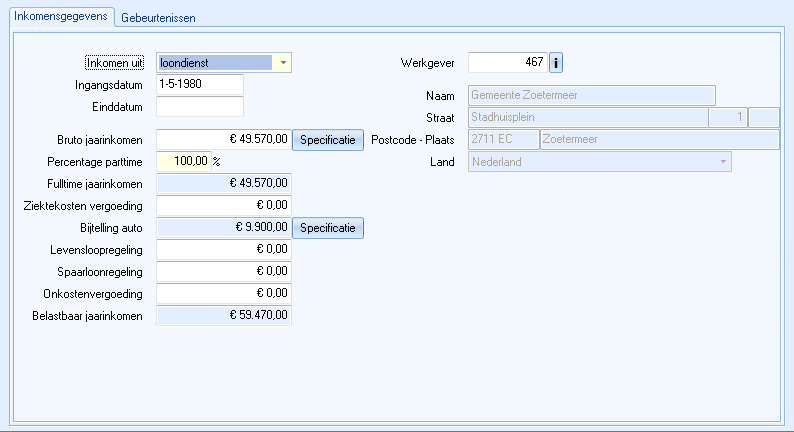 Venster Inkomensgegevens (leeg)