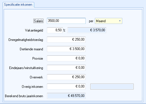 Venster Specificatie inkomen (leeg)