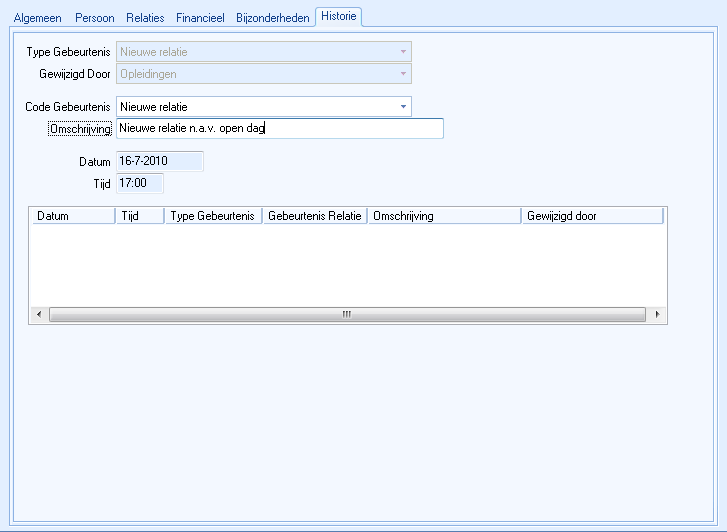 Venster Relatiegegevens Tab Historie