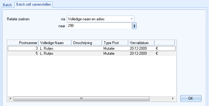 Venster Aanmaken incassobatch, tabblad Batch zelf samenstellen