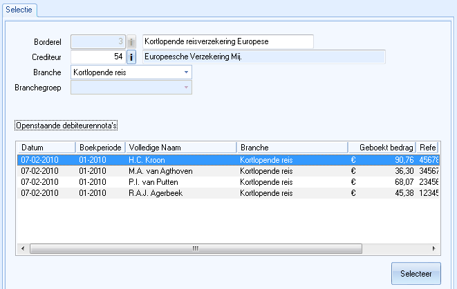 Venster Afhandelen debiteurennota's tabblad Selectie