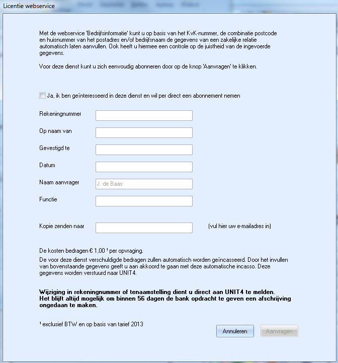 licentie webservice bedrijfs informatie aanvraag