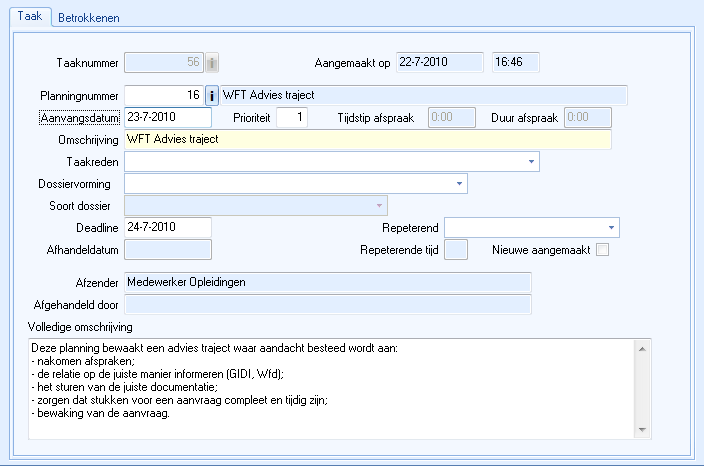 Venster muteren taak, tab Taak, Voll omschrijving gevuld