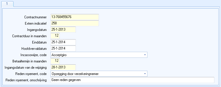 Venster Entiteit Contract polis/onderdeel