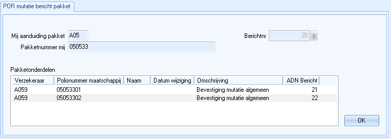 Venster Verwerken POR Mutatie bericht voor pakket
