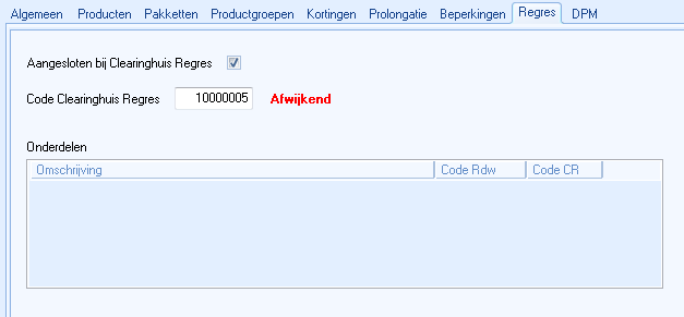 Venster Inrichting verzekeraar, tabblad Regres afwijkend