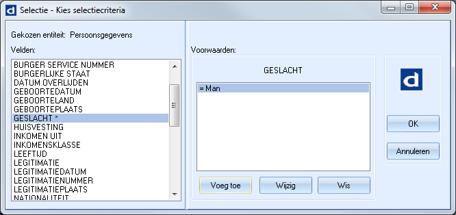 Venster Selectie - Kies selectiecriterium (GESLACHT)