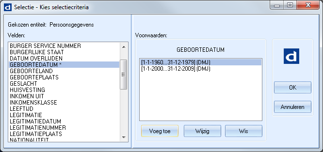 Venster Selectie - Kies selectiecriteria