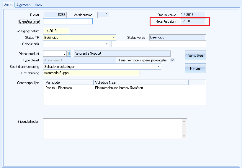 Data-retentie datum in dienstencontract