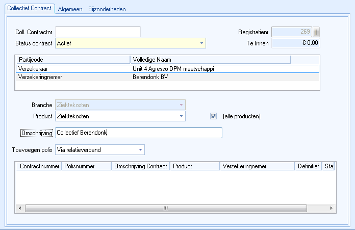 Venster Collectief contract, tabblad Collectief contract toevoegen, van Berkel