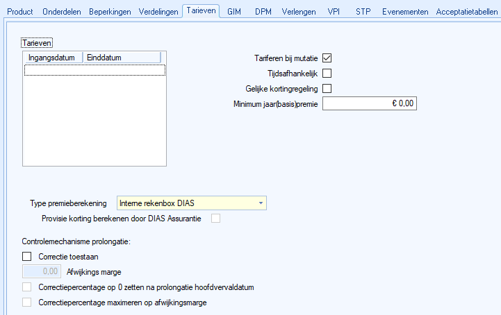 venster product, tablad tarieven