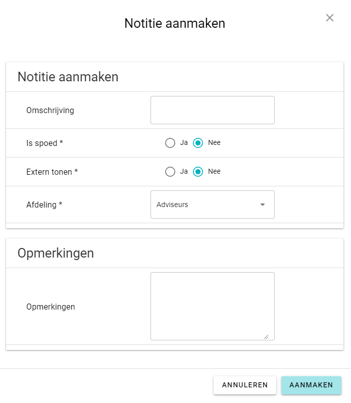 front end notitie aanmaken