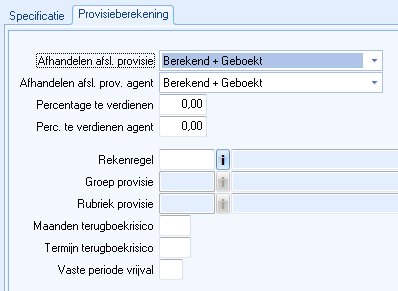 Bancair product, Tabblad Provisieberekening