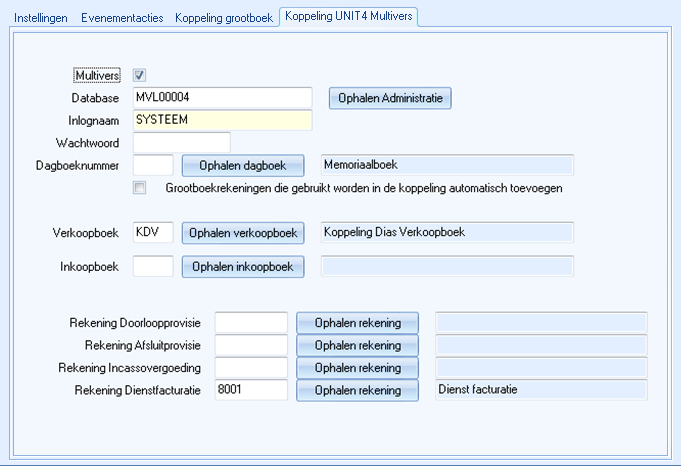 Fin.beheer - Instellingen fin Tabb Koppeling Unit4 Multivers