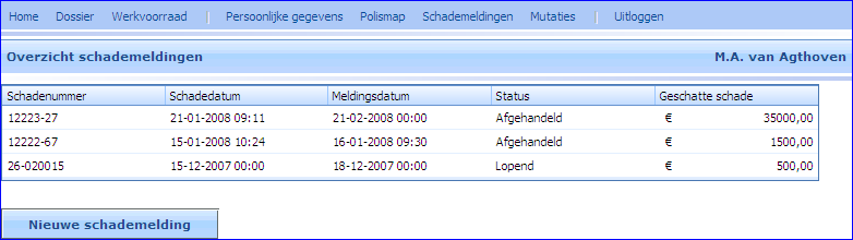 DPM Schademelding raadplegen - overzicht meldingen
