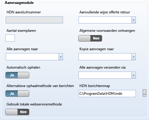 Blok Aanvraagmodule in bedrijfsgegevens